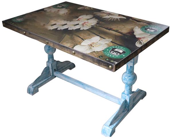 工業(yè)風桌面花紋貼片銅釘包邊餐桌藍色實木球形餐桌腳西餐桌